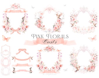Pink Florals Clipart, Floral Crest Clipart, Pink Rose Clipart PNG, Floral Coat arms Clipart, Watercolor Floral Clipart, Watercolor Crest PNG