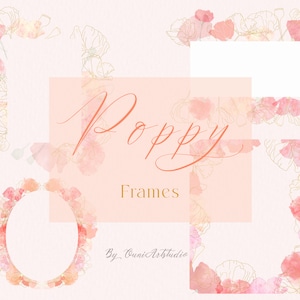 Clipart coquelicot aquarelle, coquelicot rose aquarelle, cadres floraux, dessin au trait coquelicot, dessin au trait floral or, Clipart fleurs bohèmes, pavot floral PNG