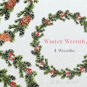 Clipart de couronne d’hiver, Clipart d’hiver, Clipart de verdure de Noël, Clipart de Noël aquarelle, couronne de Noël, couronne de pomme de pin PNG, neige