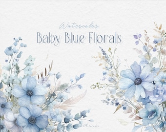 Watercolor Baby Blue Floral Clipart, Dusty Blue Flower Clipart,Watercolor Soft Blue Flowers PNG, Light Blue Flowers, Blue Floral Bouquet PNG