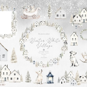 Aquarell Winter Clipart, Winterdorf Clipart, Aquarell Weihnachten PNG, Boho Weihnachten, Weihnachtsdorf Clipart, Weihnachtsszene PNG