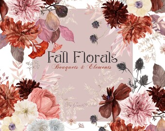 Watercolor Fall Floral Clipart, Burgundy, Rose, Peony (Digital Download)