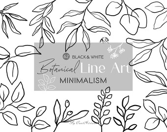 Handgetekende botanische lijntekeningen, clipart, minimalistische bladeren (digitale download)