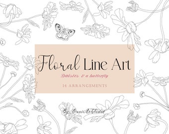 Daisy Line Art, Floral Clipart, Butterfly PNG (Digital Download)
