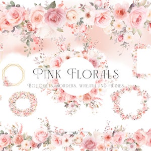 Aquarelle florale rose, Clipart floral Rose Rose, cadre floral or PNG, Floral rose Blush, Clipart bouquet de roses roses, Clipart bordure florale
