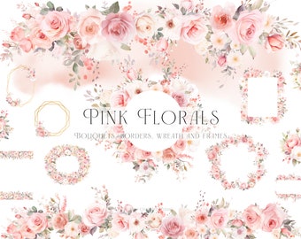 Watercolor Pink Floral, Pink Rose Floral Clipart, Gold Floral Frame PNG, Pink Blush Floral, Pink Rose Bouquet Clipart, Floral Border Clipart