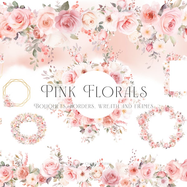 Watercolor Pink Floral, Pink Rose Floral Clipart, Gold Floral Frame PNG, Pink Blush Floral, Pink Rose Bouquet Clipart, Floral Border Clipart