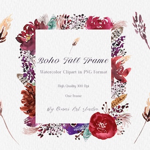 Moldura de outono Boho Borgonha, clipart floral aquarela PNG, penas, flor roxa pintada à mão, casamento de outono, clipart de flores silvestres, digital