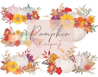 Watercolor Pumpkin Bouquet Clipart, Autumn Floral, Fall Leaves (Digital Download)