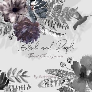 Aquarell schwarze Blumen Clipart, Aquarell schwarze Blumen, Botanische Blumen Clipart, lila Rose Clipart, schwarzer Blumenstrauß Clipart PNG
