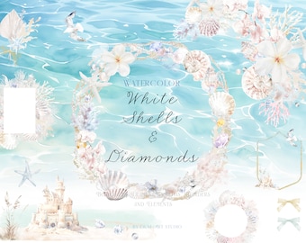 Clipart di conchiglie dell'acquerello, clipart di cresta dell'acquerello, clipart di mare, corallo dell'acquerello, clipart dell'oceano, conchiglie dell'acquerello, clipart di stemmi