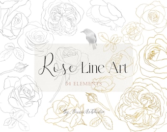 Rose Line Art Clipart, Gold Floral Elements (Digital Download)