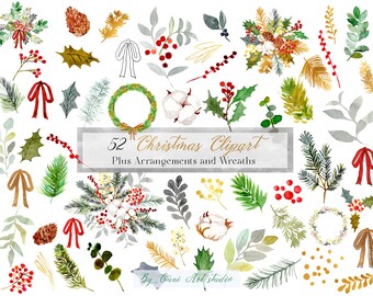 May include: Watercolor Christmas clipart featuring various festive elements. Includes arrangements, wreaths, pine cones, holly, bows, and sprigs. The text reads "52 Christmas Clipart Plus Arrangements and Wreaths" and "By Ouni Art studio".