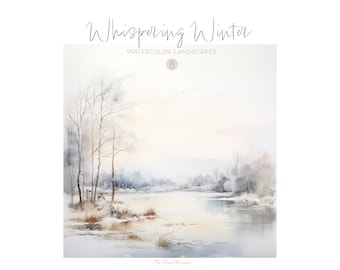 Watercolor Winter Landscape Clipart, Misty Forest Scenes (Digital Download)