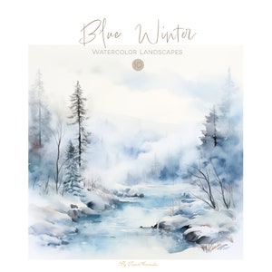 Watercolor Winter Clipart, Watercolor Blue Winter, Misty Winter Clipart, Christmas Clipart, Watercolor Christmas PNG, Winter Forest Clipart