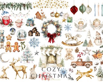 Watercolor Christmas Clipart, Winter Animals, Holiday Decor (Digital Download)