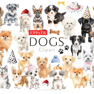 Dogs Clipart, Watercolor Dogs, Watercolor Puppy Clipart, Watercolor Cute Puppy, Dog Clipart Bundle, Christmas Puppy Clip art, Kawaii Dog PNG