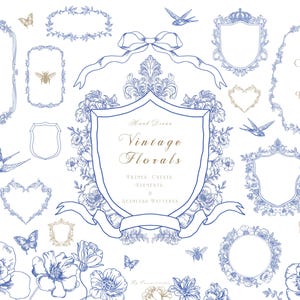Floral Vintage, Clipart Floral Chinoiserie, Clipart de Brasão Floral, Arte de Linha Barroca, Arte de Linha Floral Dourada, Moldura Floral Rococó, Brasão de Casamento
