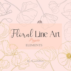 Coquelicot Clip Art, Floral Line art Clipart, or, Meadow dessins floraux, botanique, fleurs numériques dessinés à la main, coquelicots PNG, téléchargement numérique