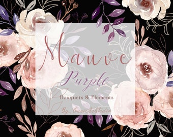Watercolor Mauve Rose Clipart, Purple Floral Bouquet (Digital Download)