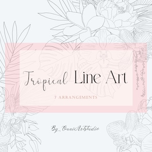 Ligne florale tropicale Art Clipart, orchidée, pivoine, fleur bohème feuilles dessin au trait, arrangement botanique, Monstera, fleur PNG, numérique.