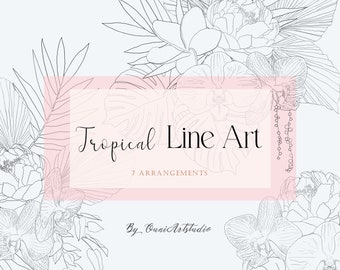 Tropical Floral Line Art Clipart, Orchid, Peony, Boho Flower Leaves Line Drawing, Botanical Arrangement, Monstera, Flower PNG, Digital.