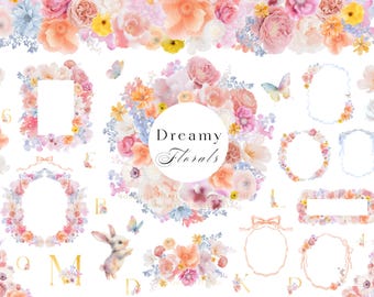 Watercolor Pink Rose Clipart, Floral Frames, Bouquets (Digital Download)