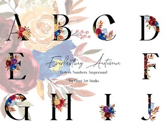 Aquarelle imprimable lettres florales Clipart, Clipart d’automne, Alphabet floral, Rose peinte à la main, Numéros de table imprimables, Mariage Bourgogne PNG