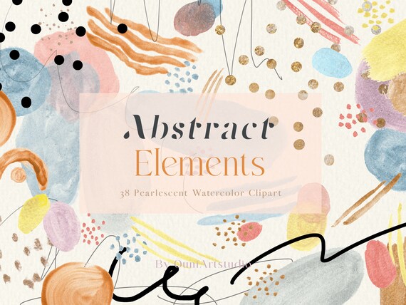Abstract Clipart, Watercolor Elements, Abstract Shapes, Gold Pink Blue Yellow, Minimalistic, Modern, Line art, Hand Painted, Gold Dots, PNG
