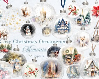 Watercolor Christmas Ornaments Clipart, Winter Animals PNG (Digital Download)