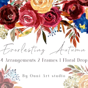 Watercolor Autumn Floral Clipart, Fall Floral Bouquets, Burgundy Roses, Watercolor Autumn Leaves Frame Clipart, Watercolor Rose Clipart, PNG