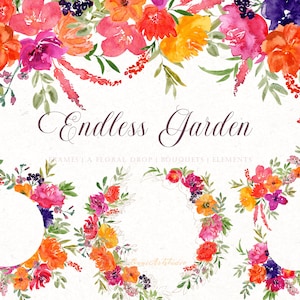 Clipart de rosa aquarela, clipart floral de peônia, buquês pintados à mão, molduras botânicas, flor PNG, rosa laranja roxo amarelo, digital