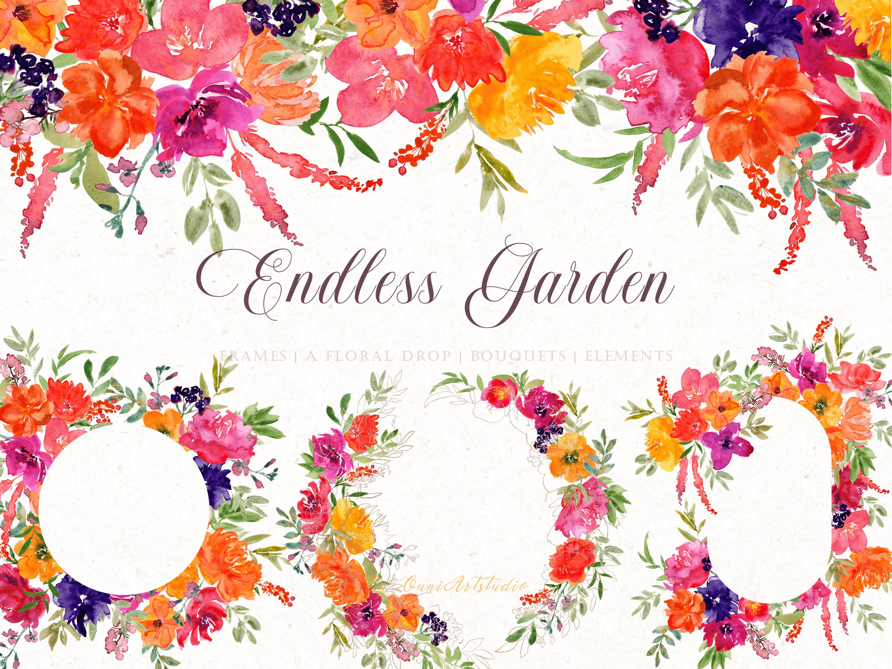 Watercolor Rose Clip Art, Peony Floral Clipart, Hand Painted Bouquets, Botanical frames, Flower PNG, Pink Orange Purple Yellow, Digital