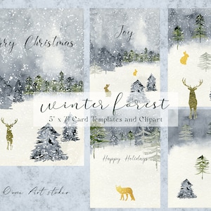 Winter Clipart, Christmas Clipart, Winter Animals Clipart, Watercolor Christmas Scene, Watercolor Winter Landscape Clipart, Winter Trees PNG