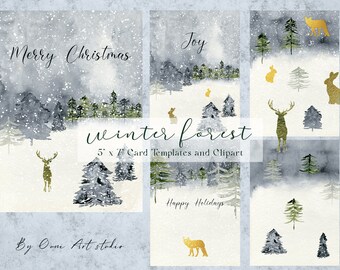 Winter Clipart, Christmas Clipart, Winter Animals Clipart, Watercolor Christmas Scene, Watercolor Winter Landscape Clipart, Winter Trees PNG