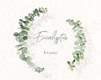 May include: Watercolor illustration of a eucalyptus wreath frame with the text "Eucalyptus Frame" in a handwritten font.