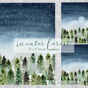 Clipart de bosque de invierno, clipart de acuarela navideña, paisaje de invierno, plantillas PNG de tarjetas navideñas 5x7, árbol blanco verde nieve luna, digital
