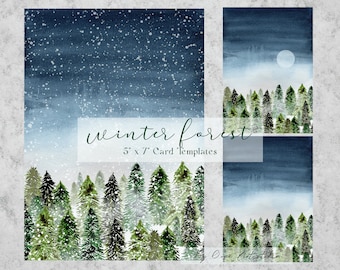 Winter Forest Clipart, Christmas Watercolor Clipart, Winter Landscape, Christmas Card PNG Templates 5x7, Green White Tree Snow Moon, Digital