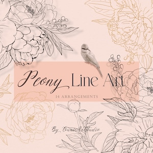 Peony, Floral Line Art, Botanical Clipart, Flower Line Art, Peony Line Art, Gold, Hand Drawn, Digital Flowers Arrangements, Boho Floral, PNG