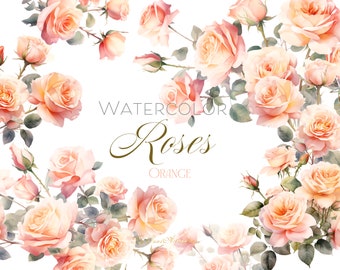 Watercolor Orange Roses Clipart, Floral Bouquets (Digital Download)