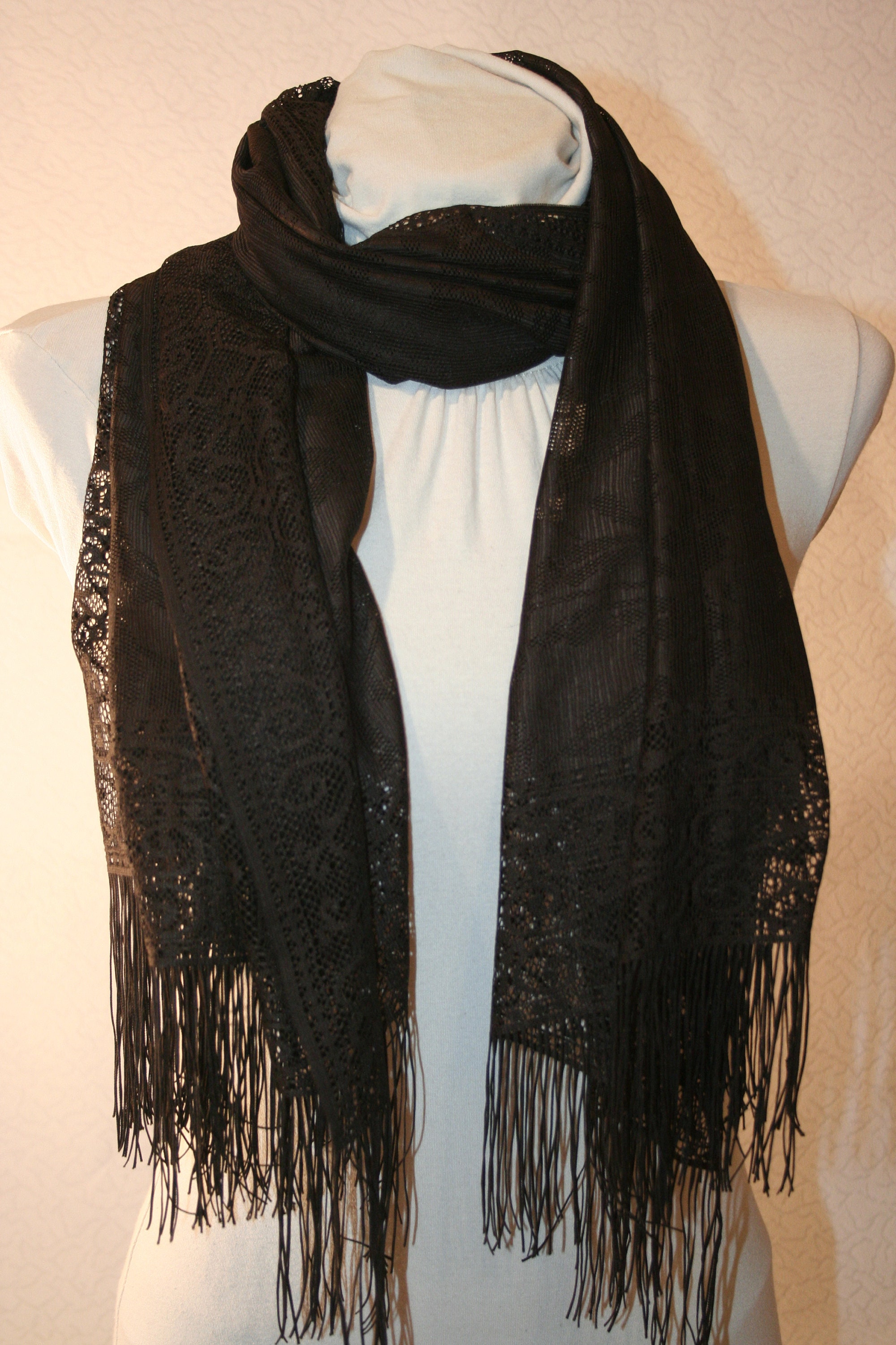 Exclusive crocheted style transparent scarf in perfect condition Dark brown almost black