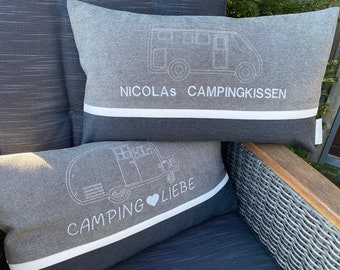 Camping cushions for motorhomes, campervans, and caravans, individually embroidered and personalized