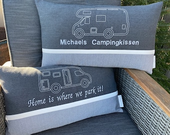 Camping cushions for motorhomes, campervans, and caravans, individually embroidered and personalized