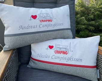 Camping pillow for motorhomes and caravans, heartbeat design, individually embroidered with a name, personalized