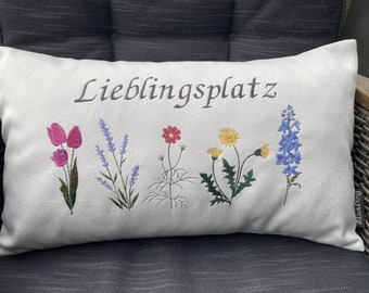 Personalized cushions with flowers, individually embroidered with a name or text