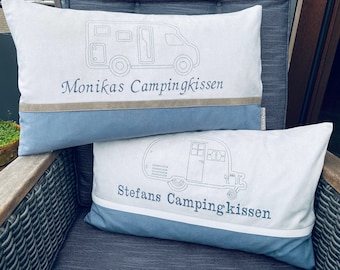 Camping cushions for motorhomes, campervans, and caravans, individually embroidered and personalized