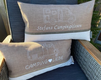 Camping cushions for motorhomes, campervans, and caravans, individually embroidered and personalized