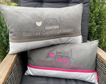 Camping pillow for motorhomes and caravans, individually embroidered and personalized with a heartbeat design.