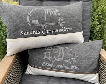Camping cushions for motorhomes, campervans, and caravans, individually embroidered and personalized