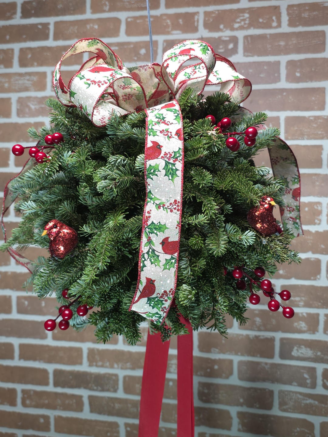 Holiday Kissing Ball, Real Balsam Fir With Christmas Cardinals and ...